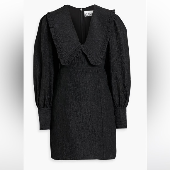 NWT GANNI Women's Black Ruffled Cloqué Mini Dress Size 34 - Picture 3 of 8